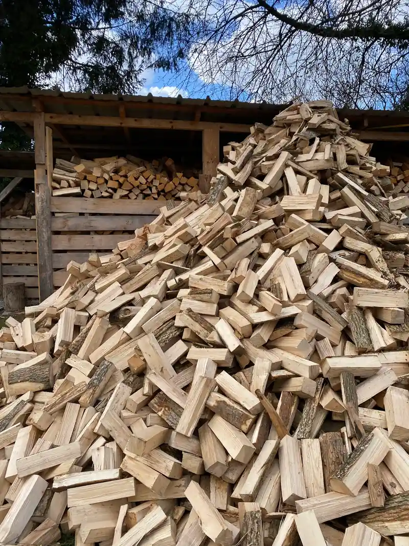 Großer Haufen gespaltener Brennholzscheite vor einem Holzschuppen