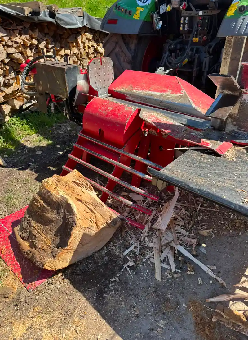Ein dickes Stammstück liegt auf dem Hubtisch des Holzspalters