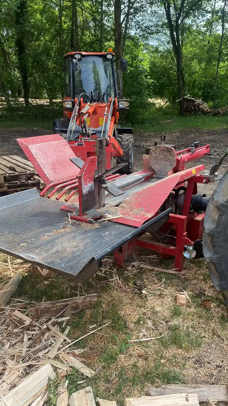Roter Holzspalter mit Spaltkreuz und Hubtisch auf einer Waldlichtung
